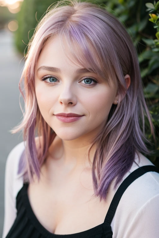 professional portrait photo, (CHL03_GM:1.3), woman, purple hair, gentle smile, facing the camera, blonde, radiating warmth, photo, DSLR, 50mm, 35mm, <lora:CHL03_GM_768x768-000001:0.9>,casual dress, (looking at camera), natural diffused light, outdoor background