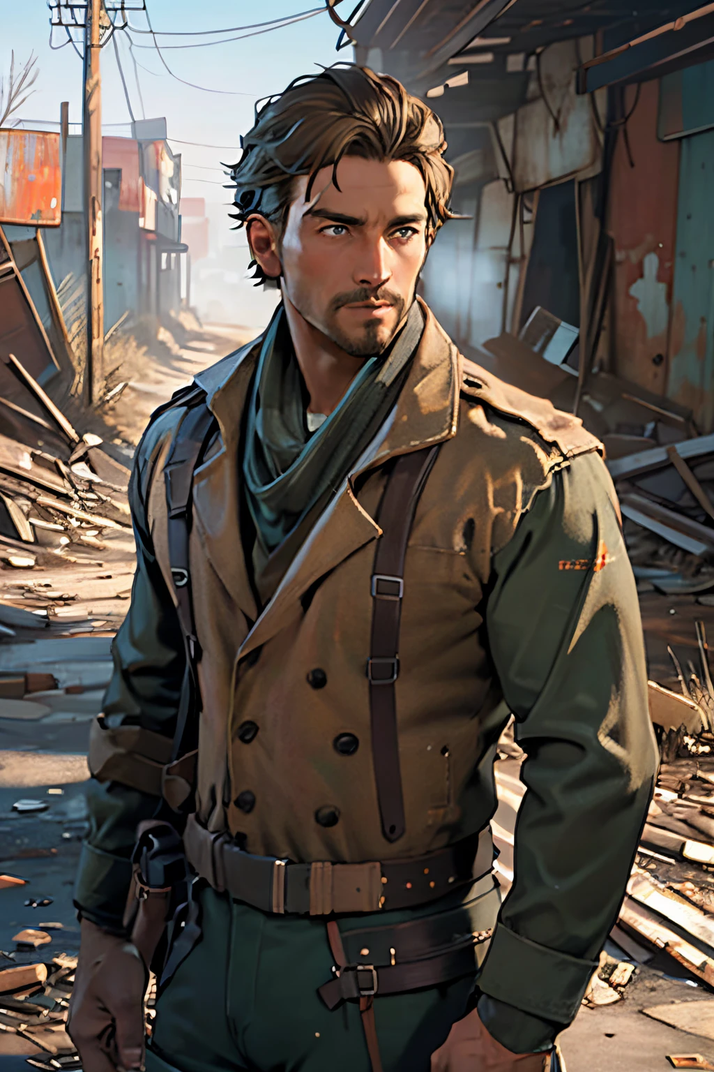 Robert MacCready,  blue eyes,  light brown hair,  facial hair,  tan duster coat,  ammo pouches,  long-sleeved,  white undershirt,  military green scarf,  military green pants,  fit body,  handsome,  charming,  alluring,  dashing,  intense gaze,  (standing),  (upper body in frame),  ruined overhead interstate,  Fallout 4 location,  post-apocalyptic ruins,  desolated landscape,  dark blue sky,  polarising filter,  perfect light,  only1 image,  perfect anatomy,  perfect proportions,  perfect perspective,  8k,  HQ,  (best quality:1.2,  hyperrealistic:1.2,  photorealistic:1.2,  madly detailed CG unity 8k wallpaper:1.5,  masterpiece:1.2,  madly detailed photo:1.2),  (hyper-realistic lifelike texture:1.2,  realistic eyes:1.2),  picture-perfect face,  perfect eye pupil,  detailed eyes,  realistic,  HD,  UHD,  (front view:1.2),  portrait,  looking outside frame,<lora:EMS-498-EMS:0.200000>,<lora:EMS-263369-EMS:0.500000>