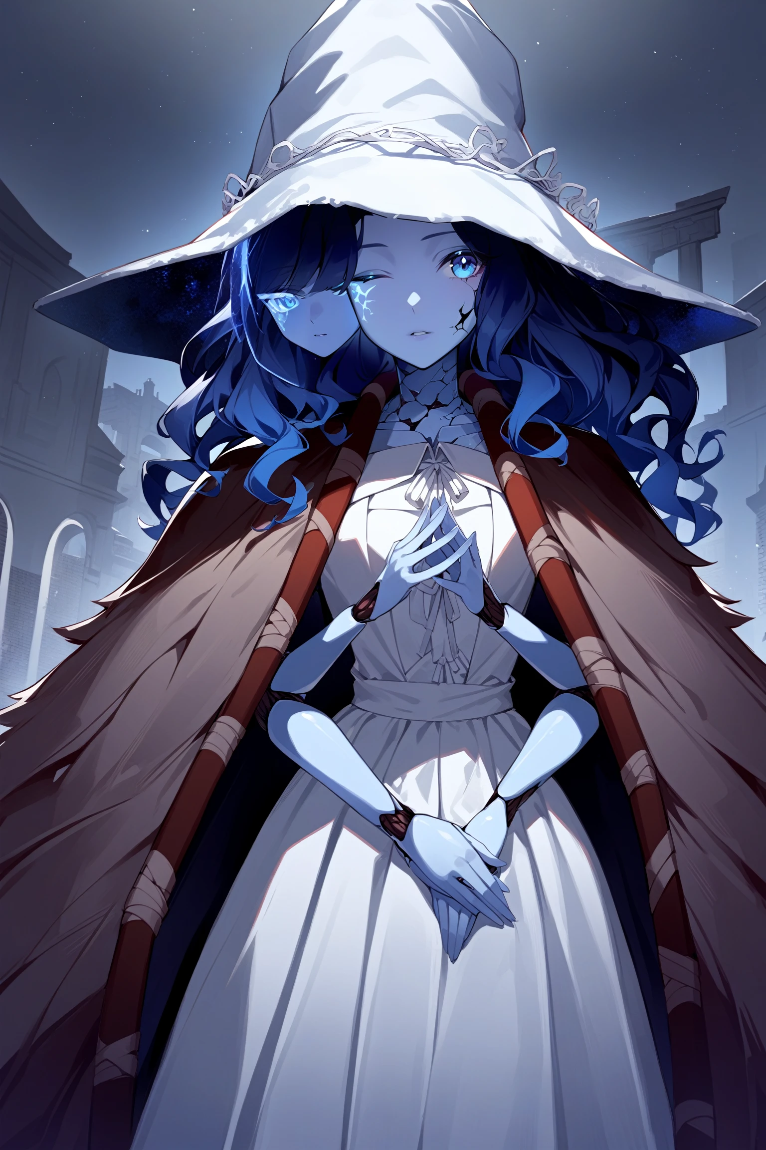 1girl, IncrsXLRanni, <lora:RanniXLV2:1>, wavy hair, blue skin, cracked skin, extra arms, (extra faces:1.3), doll, joints, doll joints, white dress, hat, cloak, own hands together, dark enviroment, night, cowboy shot, looking at viewer,