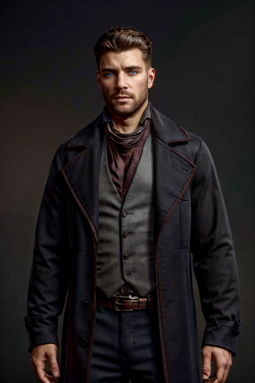 Geoffrey McCullum,  dark brown hair,  (crewcut),  blue eyes,  stubble,  handsome,  charming,  alluring,  rugged,  black trench coat,  black pants,  grey vest,  dark red cravat,  (standing),  (upper body in frame),  simple background,  1918 London,  fog,  dark atmosphere,  perfect light,  perfect anatomy,  perfect proportions,  perfect perspective,  8k,  HQ,  (best quality:1.5,  hyperrealistic:1.5,  photorealistic:1.4,  madly detailed CG unity 8k wallpaper:1.5,  masterpiece:1.3,  madly detailed photo:1.2),  (hyper-realistic lifelike texture:1.4,  realistic eyes:1.2),  picture-perfect face,  perfect eye pupil,  detailed eyes,  realistic,  HD,  UHD,  (front view:1.2),  portrait,  looking outside frame, perfecteyes,<lora:EMS-498-EMS:0.000000>,<lora:EMS-262908-EMS:0.600000>