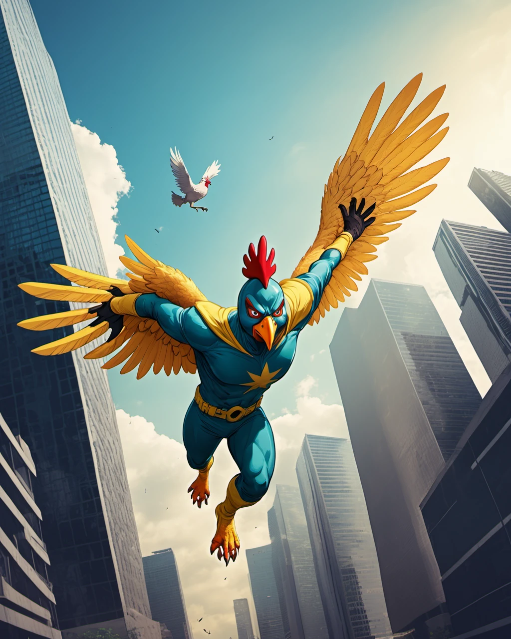 comic styled image of a superhero with a chicken head, flying through the city sky between city skyscrapers