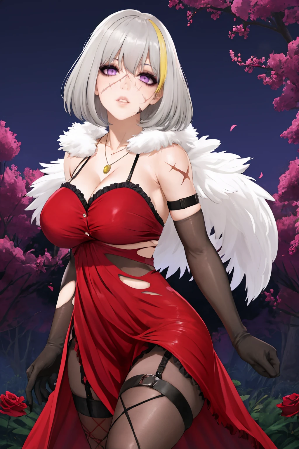 masterpiece, best quality, 1girl, solo, <lora:evaroux-cv-richy-v1:1> evaroux, purple eyes, eyeshadow, scar, scar on face, necklace, cleavage, red dress, torn clothes, underboob, black gloves, fur collar, high-waist pantyhose, thigh boots, (purple rose, flower), large breasts, detailed background, looking at viewer, parted lips, cowboy shot, thigh strap, arm strap, outdoors, dark, darkness, night, garter straps, black stocking, fishnet legwear, sleepy