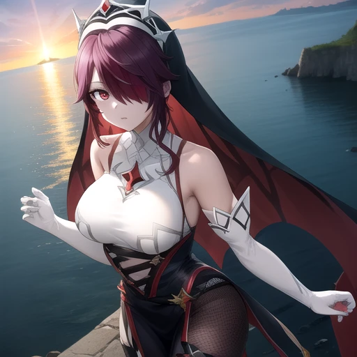 ((masterpiece)),(best quality),official art,extremely detailed CG,unity 8k wallpaper,ultra detailed,A lighthouse on a cliff by the sea,1girl,solo,upper body,looking at viewer,pale_skin,deadpan,fishnet_pantyhose,elbow_gloves,hair_over_one_eye,bare_shoulders,short_hair,red_hair,white_gloves,nun,large_breasts,purple_hair,purple_eyes,thigh_strap,multicolored_hair,high_heel_boots,bangs,streaked_hair,red_eyes,veil,claw_ring,black_footwear,<lora:Rosaria(gen)>,