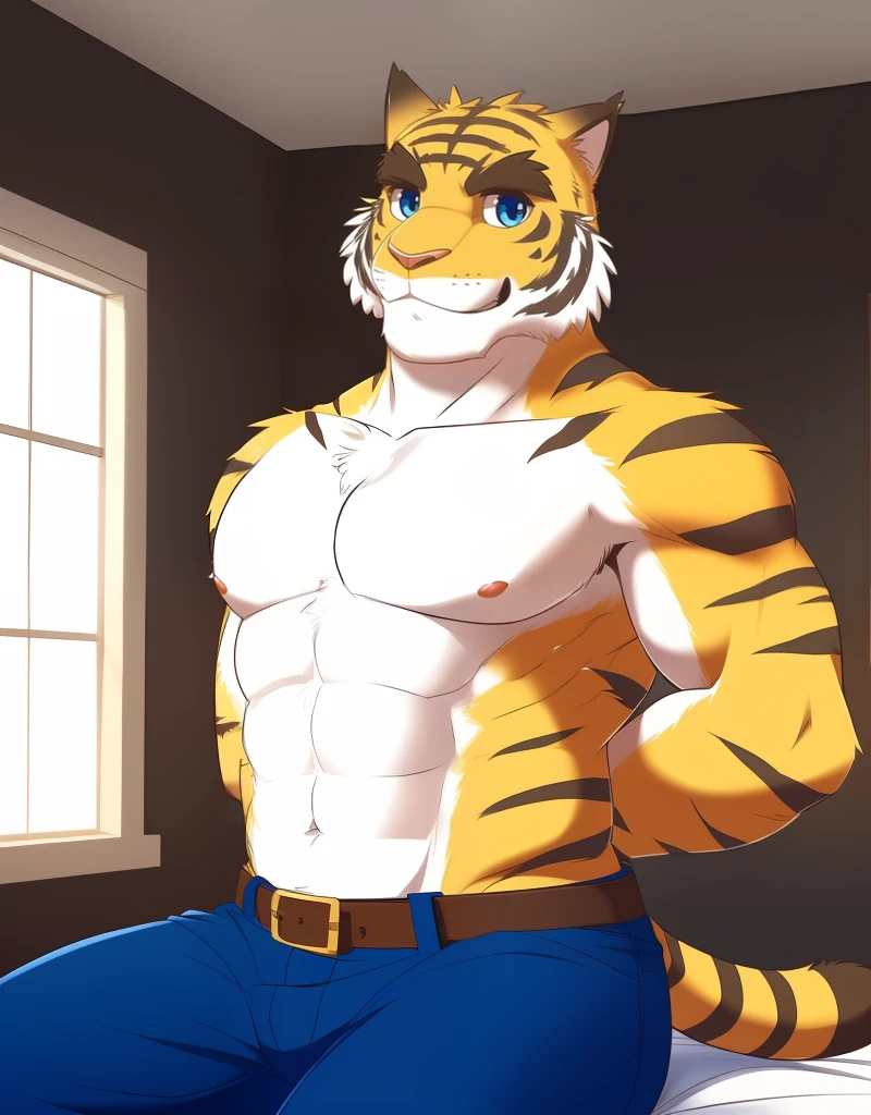 (((detailed eyes, detailed face))), (furry, torahiko <lora:character_torahiko_findigo_v1:0.9>, facial hair, thick eyebrows), male, (solo), (plump), (blue cropped pants, belt, topless), sitting, (arms behind back), smile BREAK (konzaburou, ukan_muri, cute), bedroom, (flat shading, [flat color], high brightness), 8k, UHD, masterpiece, (full body)