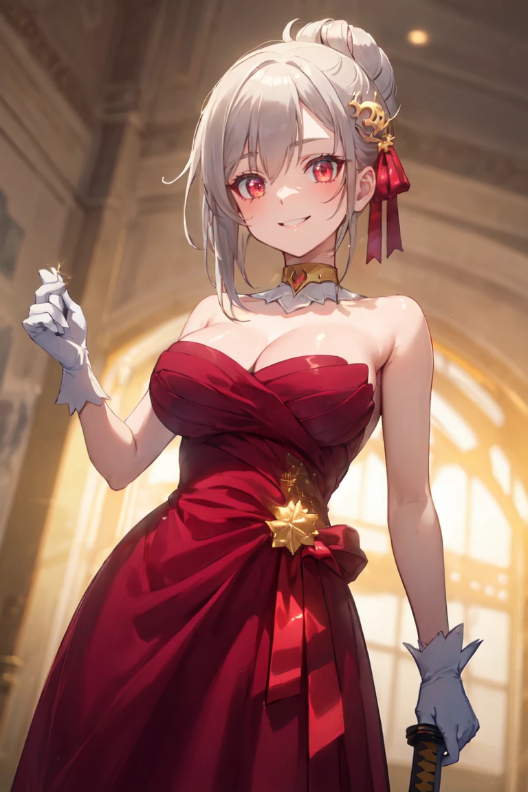 masterpiece, best quality, ultra-detailed, glistening shiny, glowing light, ray tracing, HDR, deph of field, (perfect face, detailed face), <lora:InglisEucus:0.8>, inglis, , large breasts, smile, single hair bun, golden hair ornament, red hair ribbon, choker, white gloves, red dress, strapless, holding sword, standing,