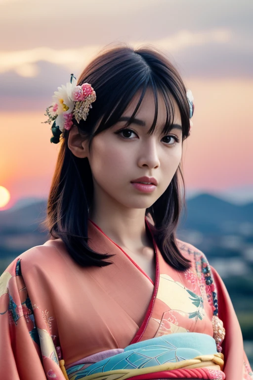1girl,(wearing a gorgeous floral pattern kimono:1.2),(RAW photo, best quality), (realistic, photo-realistic:1.4), masterpiece, an extremely delicate and beautiful, extremely detailed, 2k wallpaper, Amazing, finely detail, extremely detailed CG unity 8k wallpaper, ultra-detailed, highres, soft light, beautiful detailed girl, extremely detailed eyes and face, beautiful detailed nose, beautiful detailed eyes,cinematic lighting,(on a mountain top,sunrise,new year sunrise),perfect anatomy,slender body,
<lora:shiraishisei_lora:0.8>(medium hair)