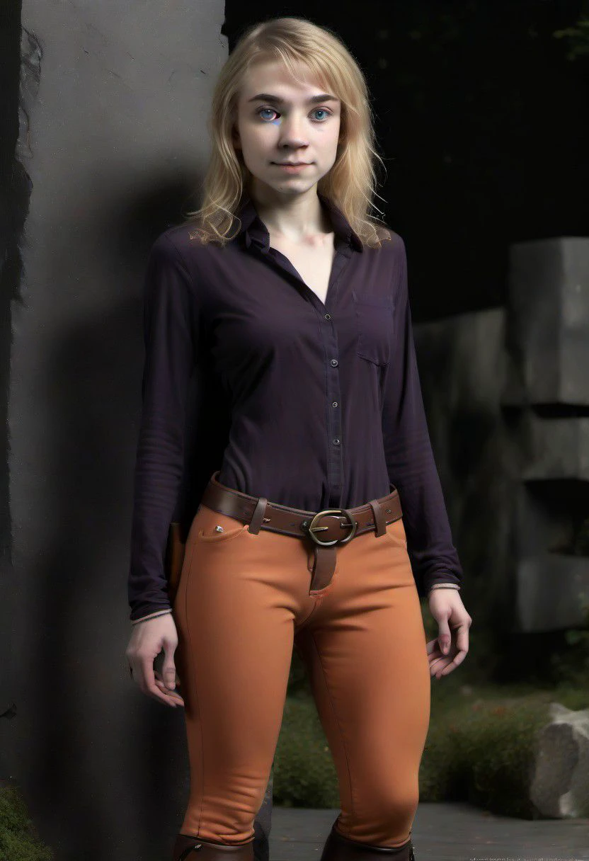 photo of pale (Age 19) female (halfling:1.75), flat chested, tiny nipples, rectangle body shape, shaggy blonde, middle part, blue eyes, ((Dark purple)/(Dark Orange) masculine shirt/pants), homely, tiny, petite, thin, toned, lithe, full body, outdoors, HDR