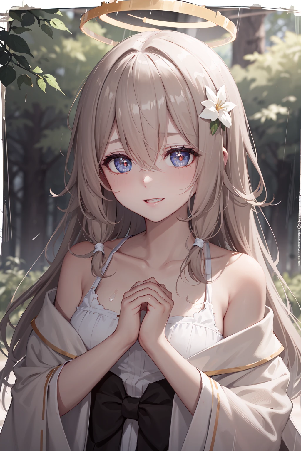 (masterpiece,best quality:1.4),(ultra-detailed,highres:1.2),wallpaper,perfect anatomy,pixiv id,colorful,
outdoor,nature,sunshine,forest,plant,leaf,tree,flower,(rain,overcast),
1girl,solo,collarbone,happy,naughty face,
praying,own hands together,hands on own chest,
(beautiful hair,bangs,hair between eyes),(looking at viewer),(bright pupils,detailed pupils,beautiful pupils,glint),
<lora:cecilia_laporta_arknights_2:1>,cecilia laporta,halo,