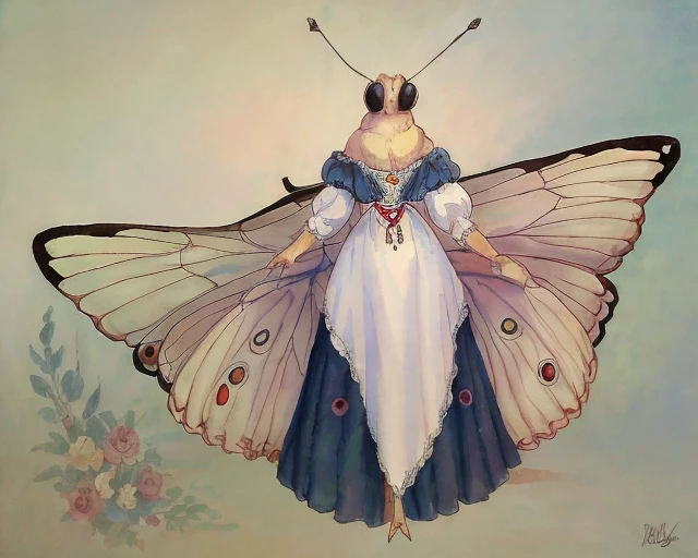 a painting of an anthropomorphic butterfly woman wearing a french dress, rslw style