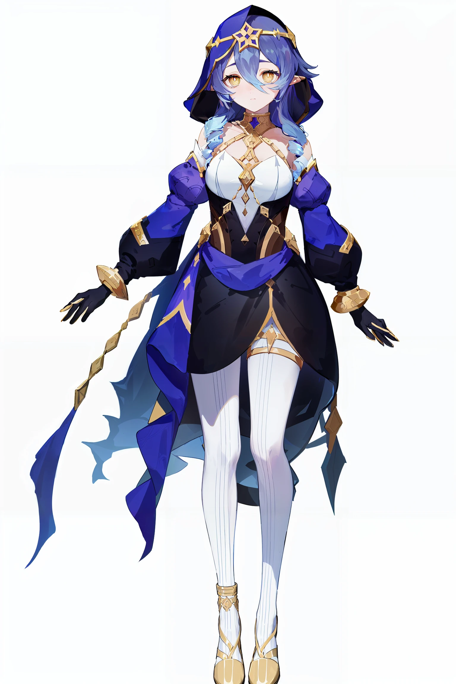 8k, best quality, masterpiece, (ultra-detailed:1.1), (high detailed skin),
(full body:1.3), white background, standing, looking at viewer, (solo:1.4),
<lora:conlayila-v100-000018:0.8:lbw=OUTALL>, layla, def clothe, head ring, 1girl, long hair, pointy ears, white pantyhose, detached sleeves, blue hair, hair between eyes, gloves, drill locks, yellow eyes,(hood),
(white background, simple background:1.6),
(beautiful_face), ((intricate_detail)), clear face,
((finely_detailed)), fine_fabric_emphasis,
((glossy)), full_shot,