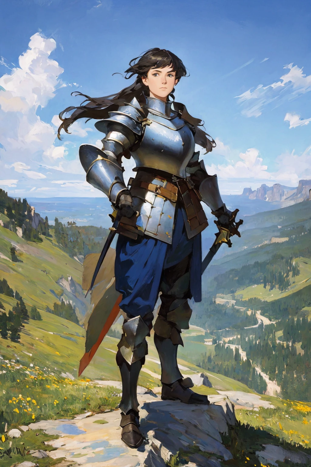 (highly detailed:1.3),pathfinder, masterpiece, best quality, extreme detail, post-Impressionist, close up, rpg portrait, full body, extreme detail, 1girl, long hair, a woman in armor holding a sword in her hand, standing on a mountain top, blue sky,look at camera,rpg character, aestheticism, monet color, highly detailed,<lora:PathfinderKM:0.7>