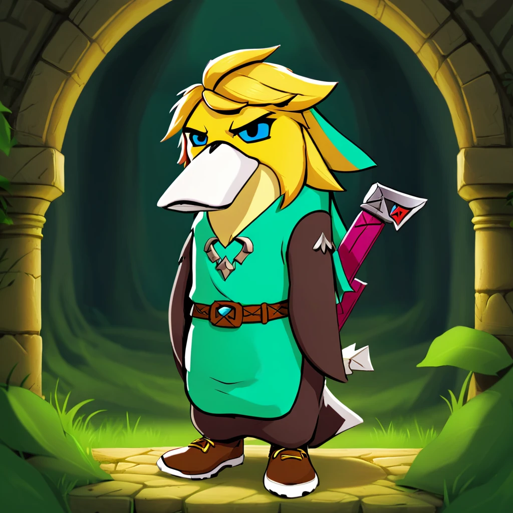Legend of Zelda style illustration of a wassie cosplaying as gothic link,<lora:231117_newmantagwassersv2:1> . Vibrant, fantasy, detailed, epic, heroic, reminiscent of The Legend of Zelda series