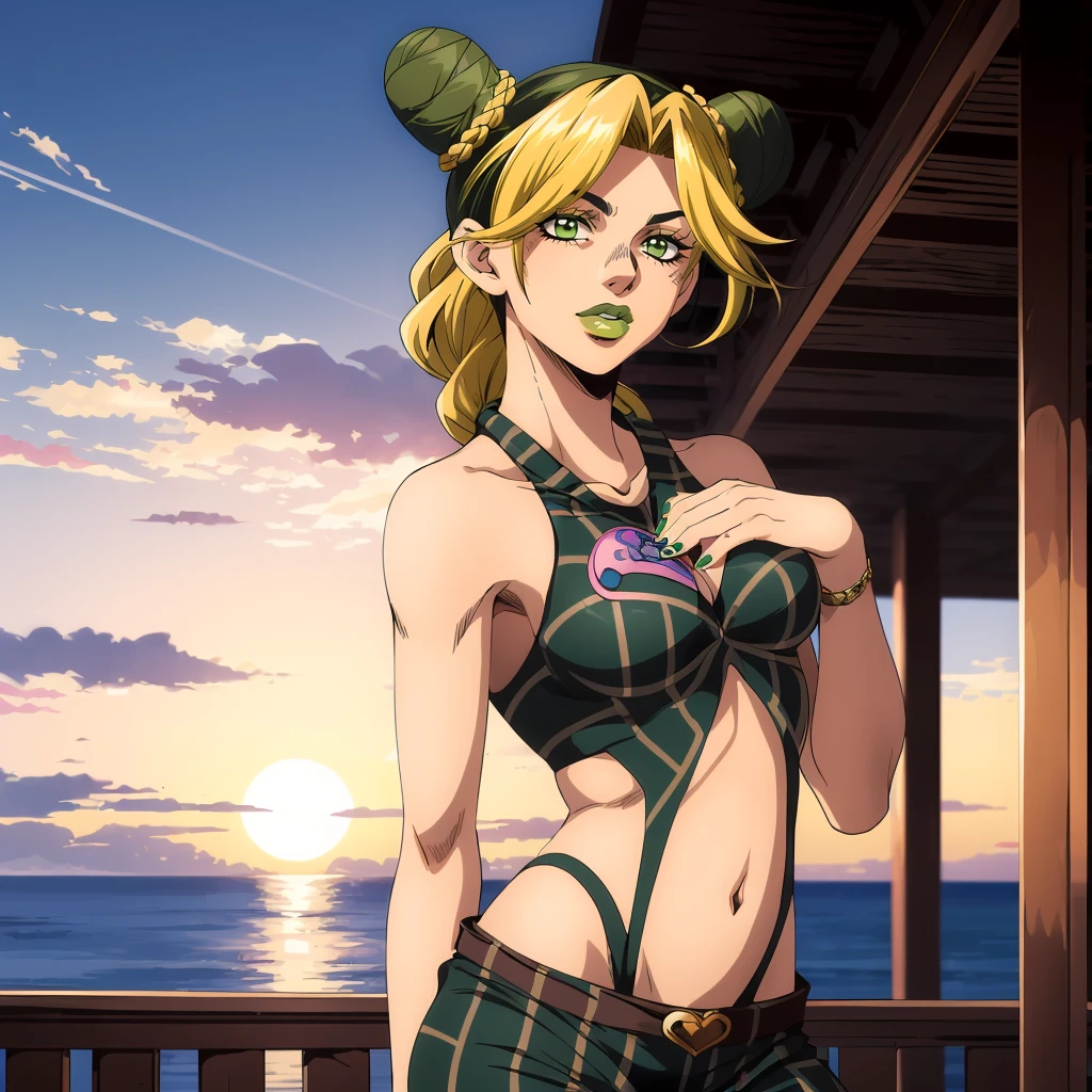 <lora:JolynCujoh002:0.7>,<lora:add_detail:0.5>,<lora:noline:0.3>,<lora:boldline:-0.3>,
JolynCujoh,1girl,solo,
double bun,braided ponytail,
green lips,
halterneck,midriff,heart on chest,
pants,
sunset,