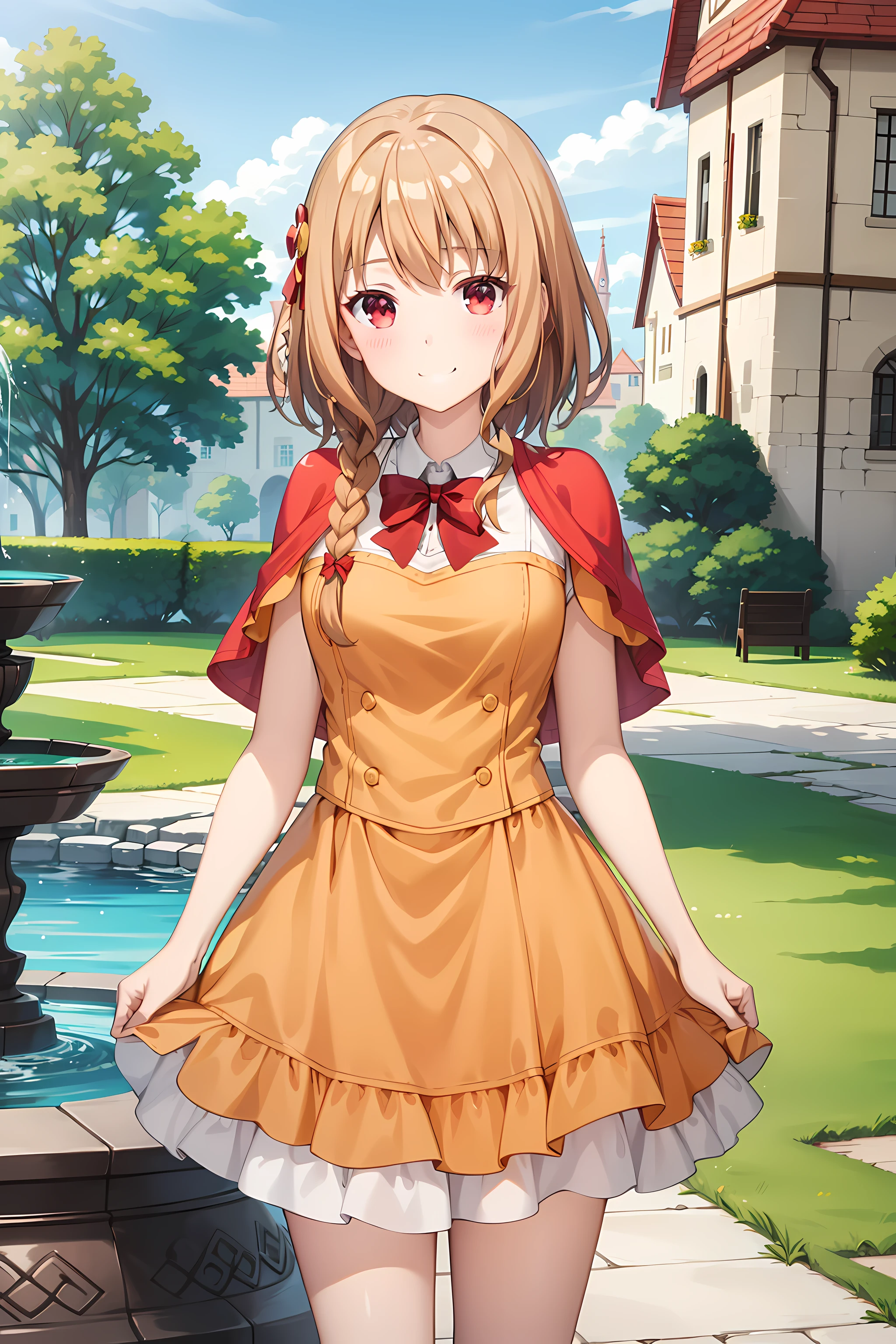 best quality, masterpiece, detailed,
<lora:ImoutoSaeIrebaIi_ShirakawaMiyako:0.8>, ShirakawaMiyako,
solo, closed mouth, light smile, blush,
brown hair, red eyes, (single braid:1.2), straight hair, hair ornament,
MiyakoRPG, orange dress, red capelet, red bow, layered skirt,
standing, looking at viewer, head tilt,
outdoors, fantasy, city, medieval, fountain, castle