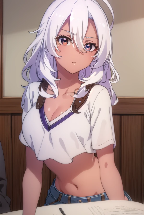 altriagrem, <lora:altria grem s2-lora-nochekaiser:1>,
altria grem, long hair, hair between eyes, (brown eyes:1.3), ahoge, white hair, dark skin, dark-skinned female,
BREAK shirt, navel, cleavage, collarbone, white shirt, midriff, belt, pants, dark skin, dark-skinned female, crop top, denim,
BREAK indoors, classroom,
BREAK looking at viewer, ()
BREAK <lyco:GoodHands-beta2:1>, (masterpiece:1.2), best quality, high resolution, unity 8k wallpaper, (illustration:0.8), (beautiful detailed eyes:1.6), extremely detailed face, perfect lighting, extremely detailed CG, (perfect hands, perfect anatomy),