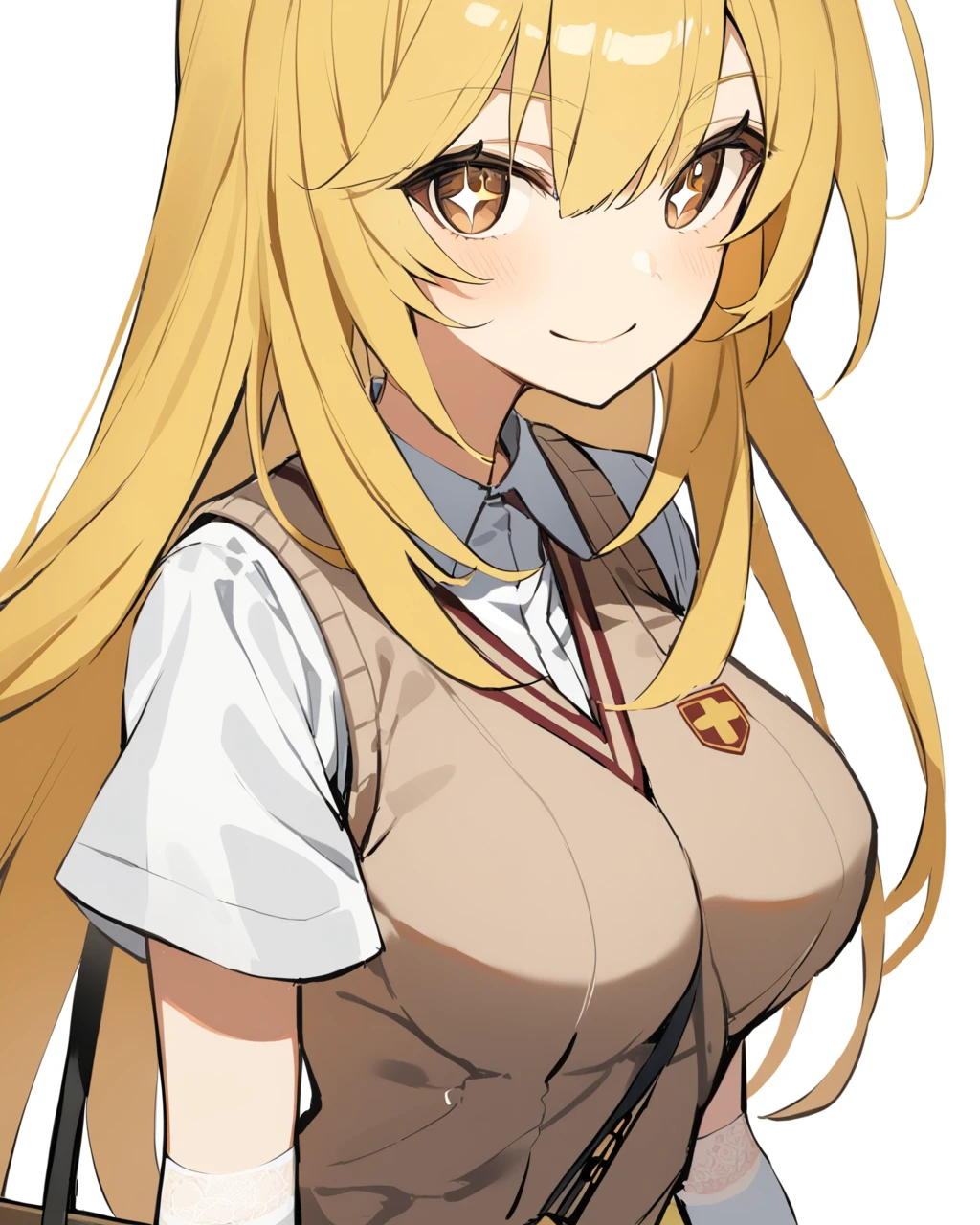 <lora:feng:1>ï¼1girl, tokiwadai_school_uniform, solo, white_gloves, looking_at_viewer, white_background, smile, brown_sweater_vest, +_+, handbag, short_sleeves, simple_background, upper_body, elbow_gloves, brown_eyes, strap_between_breasts, closed_mouth, white_shirt, medium_breasts, v-neck