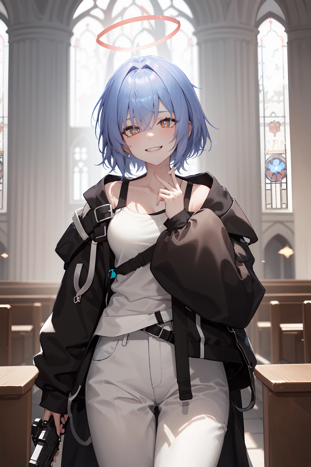 (masterpiece,best quality:1.4),(ultra-detailed,highres:1.2),wallpaper,perfect anatomy,pixiv id,colorful,
outdoor,sunlight,church,cathedral,
1girl,solo,collarbone,naughty face,grin,evil grin,holding gun,holding weapon,
(beautiful hair,bangs,hair between eyes),(looking at viewer),(bright pupils,detailed pupils,beautiful pupils,glint:1.2),
<lora:spuria_arknights_2:1>,spuria,spuria arknights,white trousers,halo,
