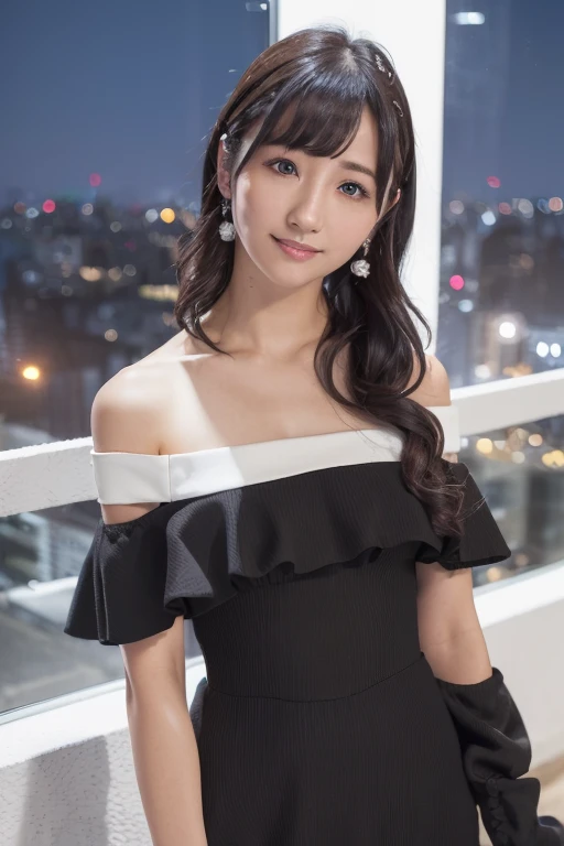 1girl, (wearing a black off-shoulder dress:1.6),(RAW photo, best quality), (realistic, photo-realistic:1.4), masterpiece, an extremely delicate and beautiful, extremely detailed, 2k wallpaper, Amazing, finely detail, extremely detailed CG unity 8k wallpaper, ultra-detailed, highres, soft light, beautiful detailed girl, extremely detailed eyes and face, beautiful detailed nose, beautiful detailed eyes,(cinematic lighting:1.4),(in the city at night:2.0),perfect anatomy,(slender body:1.2),(close up face:1.8),(gentle smile,Friendly, warm:2.0),(looking at viewer:1.8),(japanese idol:1.8),(wavy long hair:1.6), (brown eyes:1.8), <lora:okadamei_lora-12:0.8>