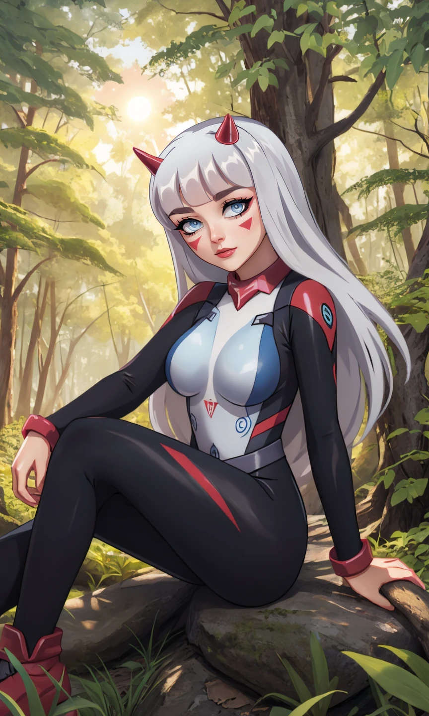 epic pose, forest, sun, sitting, <lora:Reyra_(Darmchirk):0.7> ((Reyra_(Darmchirk), bodysuit, horns)),