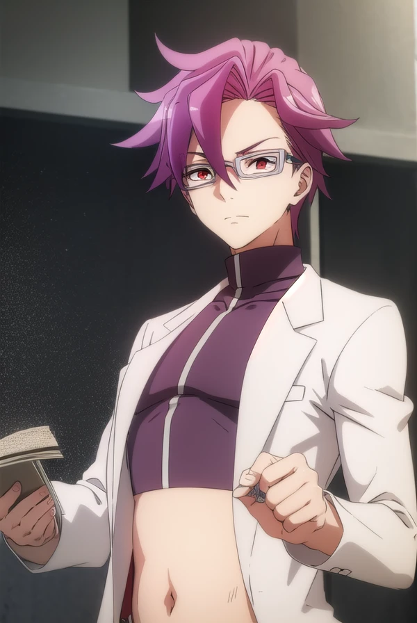 demiolos, <lora:demiolos s2-lora-nochekaiser:1>,
demiolos, (red eyes:1.3), purple hair, male focus, glasses,
BREAK midriff, crop top, labcoat,
BREAK indoors, classroom,
BREAK looking at viewer,
BREAK <lyco:GoodHands-beta2:1>, (masterpiece:1.2), best quality, high resolution, unity 8k wallpaper, (illustration:0.8), (beautiful detailed eyes:1.6), extremely detailed face, perfect lighting, extremely detailed CG, (perfect hands, perfect anatomy),