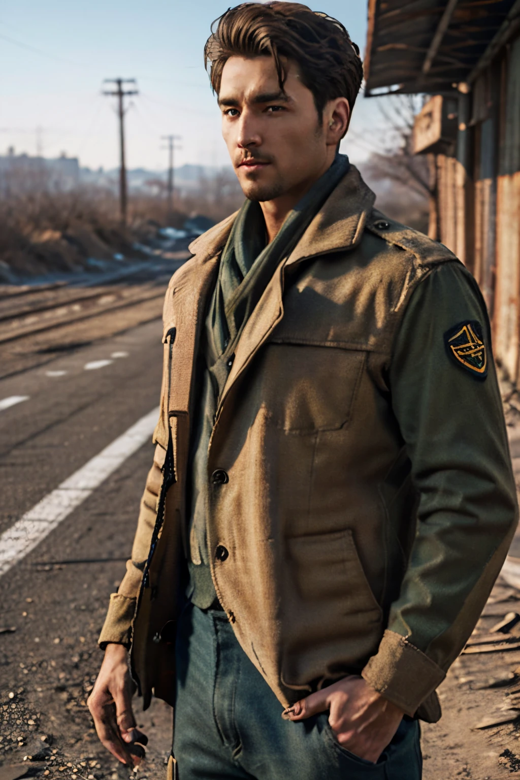 Robert MacCready,  blue eyes,  light brown hair,  facial hair,  tan duster coat,  ammo pouches,  long-sleeved,  white undershirt,  military green scarf,  military green pants,  fit body,  handsome,  charming,  alluring,  dashing,  intense gaze,  (standing),  (upper body in frame),  ruined overhead interstate,  Fallout 4 location,  post-apocalyptic ruins,  desolated landscape,  dark blue sky,  polarising filter,  perfect light,  only1 image,  perfect anatomy,  perfect proportions,  perfect perspective,  8k,  HQ,  (best quality:1.5,  hyperrealistic:1.5,  photorealistic:1.4,  madly detailed CG unity 8k wallpaper:1.5,  masterpiece:1.3,  madly detailed photo:1.2),  (hyper-realistic lifelike texture:1.4,  realistic eyes:1.2),  picture-perfect face,  perfect eye pupil,  detailed eyes,  realistic,  HD,  UHD,  (front view:1.2),  portrait,  looking outside frame,<lora:EMS-498-EMS:0.200000>,<lora:EMS-263369-EMS:0.500000>