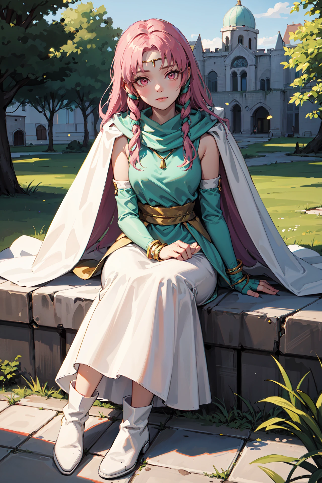 sitting with elbows on knees,head_out_of_frame,disdain,<lora:linoanV1:0.85>,linoan, white long skirt,pink eyes,circlet,cape,closed mouth, dress,,green shirt, jewelry,elbow gloves, bracelet, white boots,, fingerless gloves, bridal gauntlets, detached sleeves, white cape, looking at viewer,,outdoors,castle,(masterpiece, best quality, ultra-detailed, best shadow)