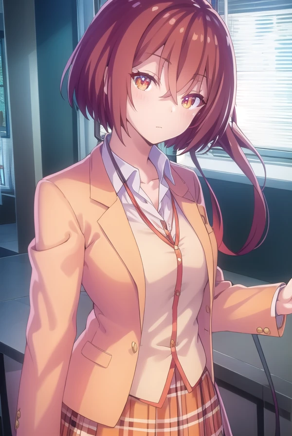 maonanjou, <lora:mao nanjou s1-lora-nochekaiser:1>,
mao nanjou, long hair, (orange eyes:1.3), red hair, side ponytail,
BREAK skirt, school uniform, jacket, plaid, plaid skirt, blazer,
BREAK indoors, classroom,
BREAK looking at viewer,
BREAK <lyco:GoodHands-beta2:1>, (masterpiece:1.2), best quality, high resolution, unity 8k wallpaper, (illustration:0.8), (beautiful detailed eyes:1.6), extremely detailed face, perfect lighting, extremely detailed CG, (perfect hands, perfect anatomy),