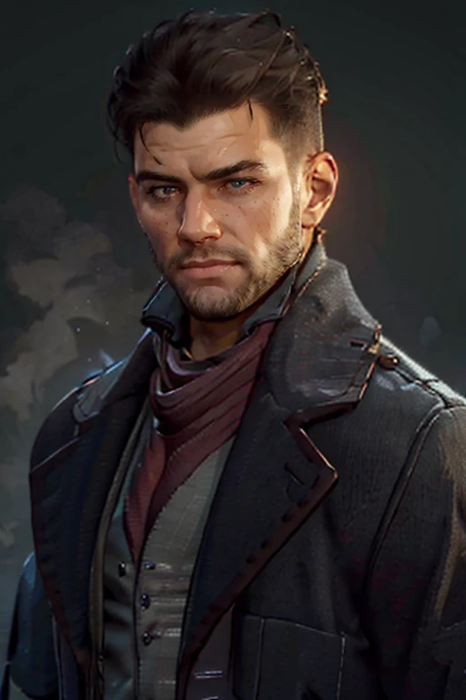 Geoffrey McCullum,  black hair,  crewcut,  stubble,  handsome,  charming,  alluring,  rugged,  black trench coat,  black pants,  grey vest,  dark red cravat,  (standing),  (upper body in frame),  simple background,  black background,  fog,  dark atmosphere,  perfect light,  perfect anatomy,  perfect proportions,  perfect perspective,  8k,  HQ,  (best quality:1.5,  hyperrealistic:1.5,  photorealistic:1.4,  madly detailed CG unity 8k wallpaper:1.5,  masterpiece:1.3,  madly detailed photo:1.2),  (hyper-realistic lifelike texture:1.4,  realistic eyes:1.2),  picture-perfect face,  perfect eye pupil,  detailed eyes,  realistic,  HD,  UHD,  (front view:1.2),  portrait,  looking outside frame, perfecteyes,<lora:EMS-498-EMS:0.000000>,<lora:EMS-262908-EMS:0.800000>