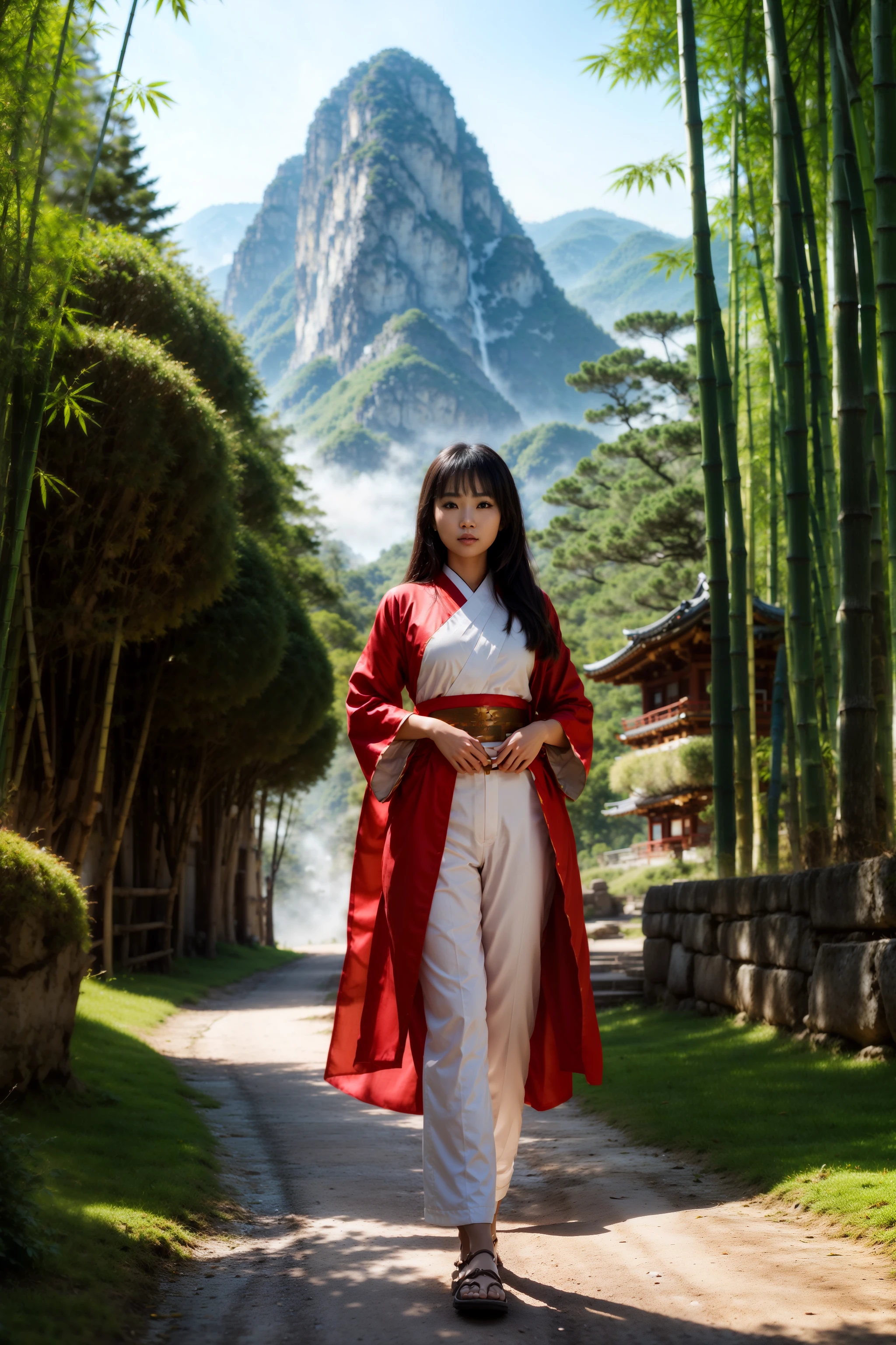1girl, fullbody, (beautiful:1.1 cute:1.2 serious:1.1 asian girl:1.2 face), standing, slim, (bamboo trees), kabuto, red samurai armor, misty air, strong sunlight, mossy path, mountain village, huge weapon, mountain top scenery, full length robes, pants, shoes, photorealistic, portrait