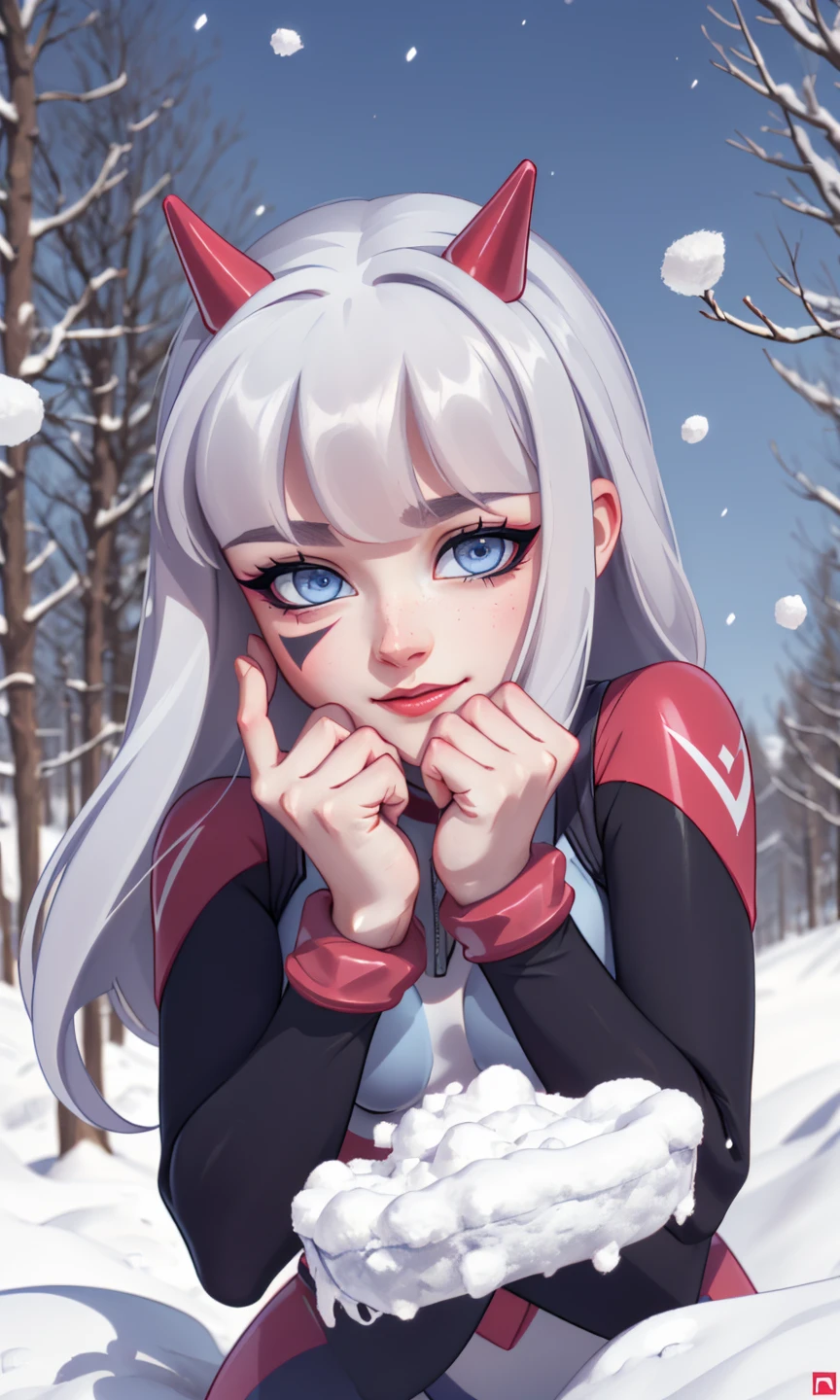 <lora:Reyra_(Darmchirk):0.7>((Reyra_(Darmchirk), bodysuit, horns, blue eyes)), winter, snow falling, dynamic scene, full body,