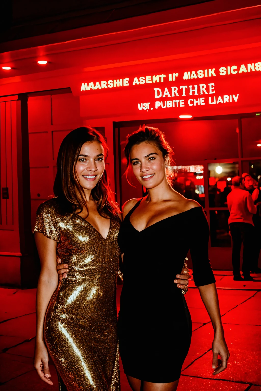 (masterpiece, best quality, high resolution:1.2),
HDR, shot on Canon 5D Mark II, depth of field, intricate details, sharp focus on subject,
Two attractive girls in front of a night club, <lora:ZH_ShotByElsaBleda_v1:0.8>, zh_shot_by_elsa_bleda, realistic, dark, scenery,