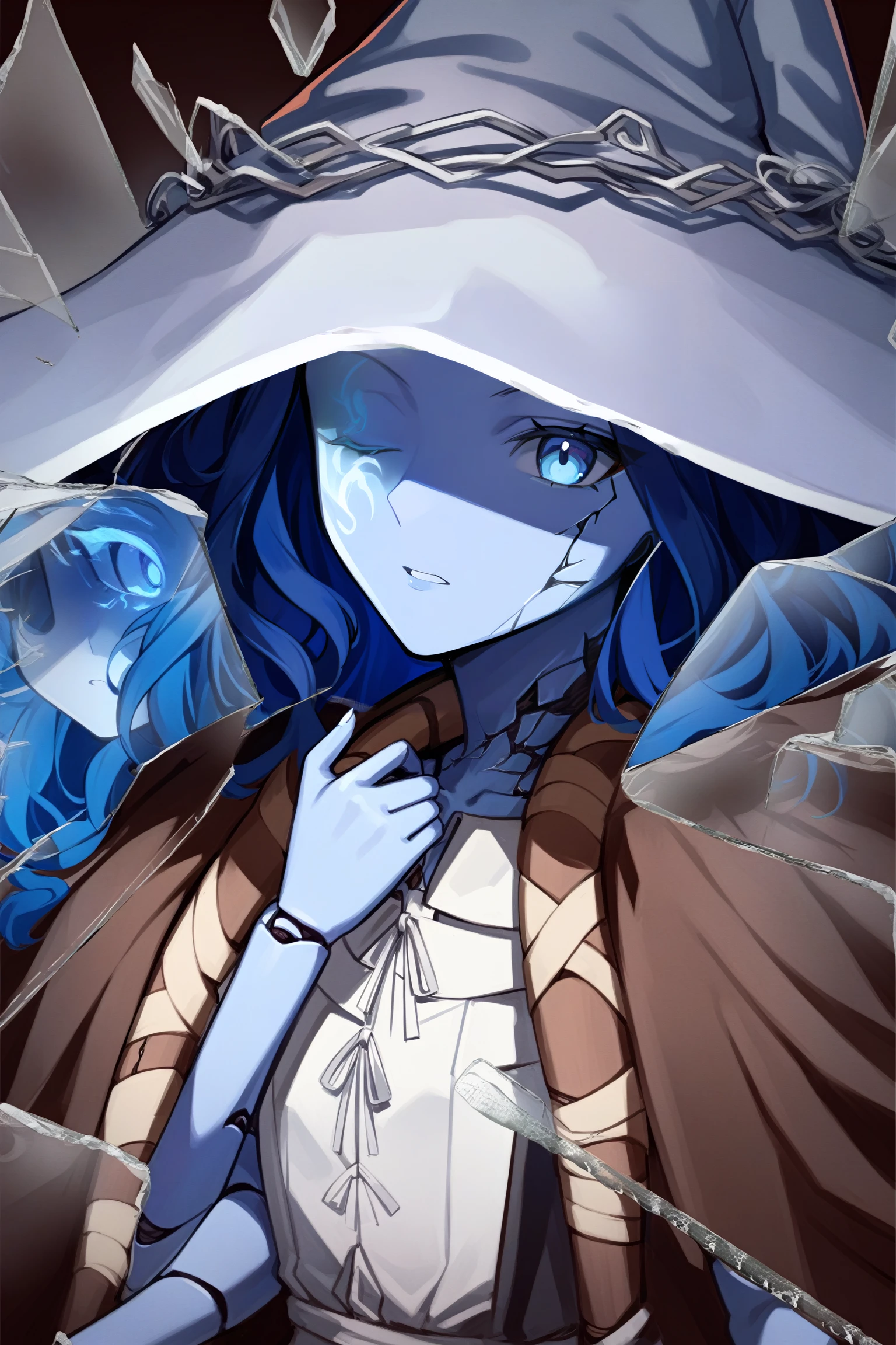 1girl, IncrsXLRanni, <lora:RanniXLV2:1>, wavy hair, blue skin, cracked skin, extra arms, (extra faces), doll, joints, doll joints, white dress, witch hat, cloak, <lora:BrokenGlassXL:1>, incrsxlbrkngls, broken glass, reflection, upper body,