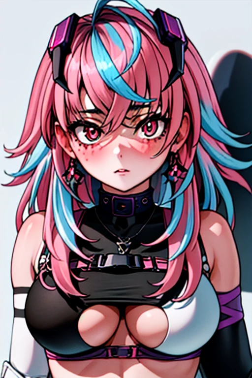 best quality, (masterpiece),(ultra-detailed), (high quality), (high resolution), <lora:emikukis3:0.7> emikukis, multicolored hair, blue hair, pink hair, streaked hair,red eyes,multicolored eyes, underboob, upper body,
