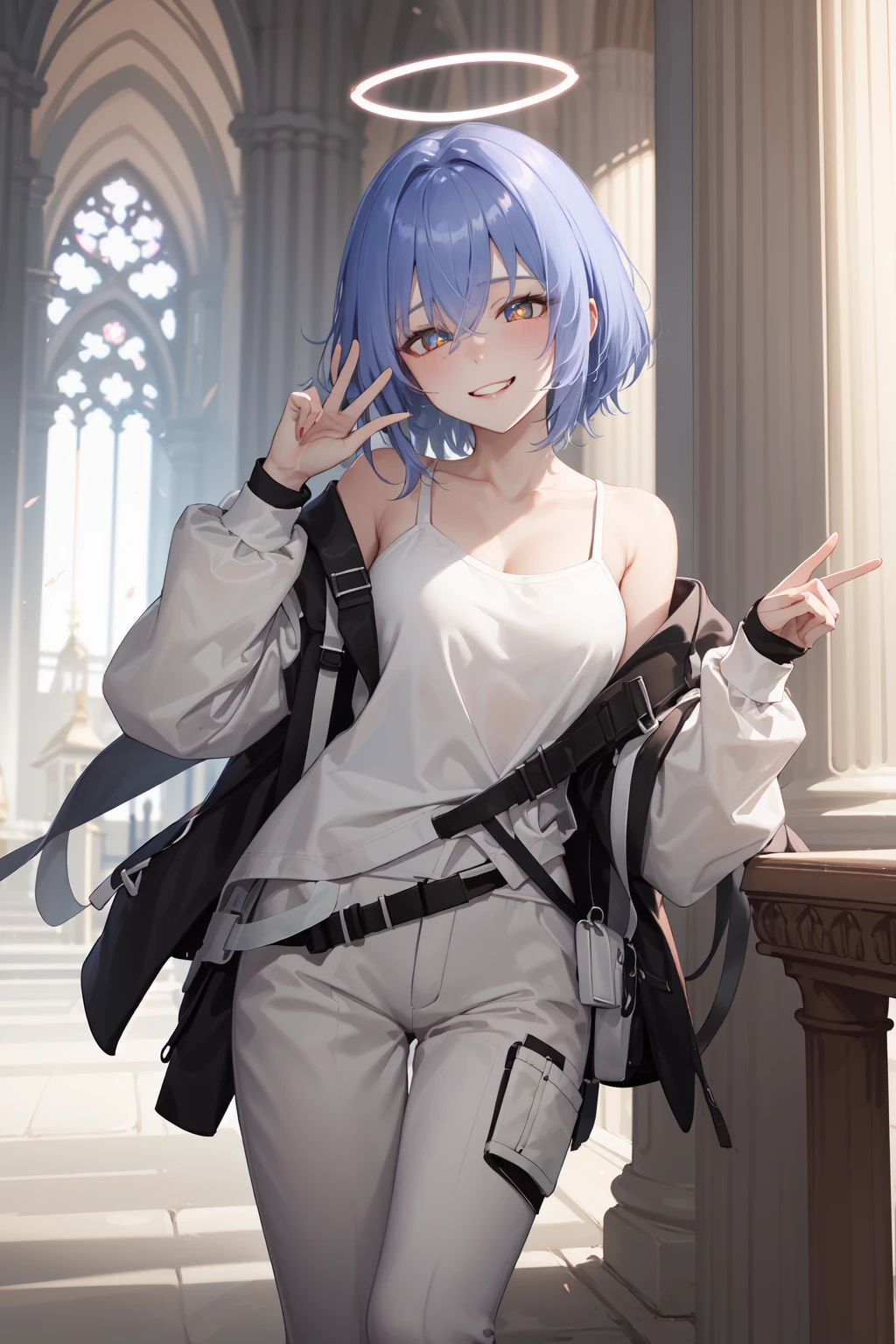(masterpiece,best quality:1.4),(ultra-detailed,highres:1.2),wallpaper,perfect anatomy,pixiv id,colorful,
outdoor,sunlight,church,cathedral,column,christianity,
1girl,solo,collarbone,naughty face,grin,evil grin,ok sign,half-closed eyes,standing on one leg,
(beautiful hair,bangs,hair between eyes),(looking at viewer),(bright pupils,detailed pupils,beautiful pupils,glint:1.2),
<lora:spuria_arknights_2:1>,spuria,spuria arknights,white trousers,halo,