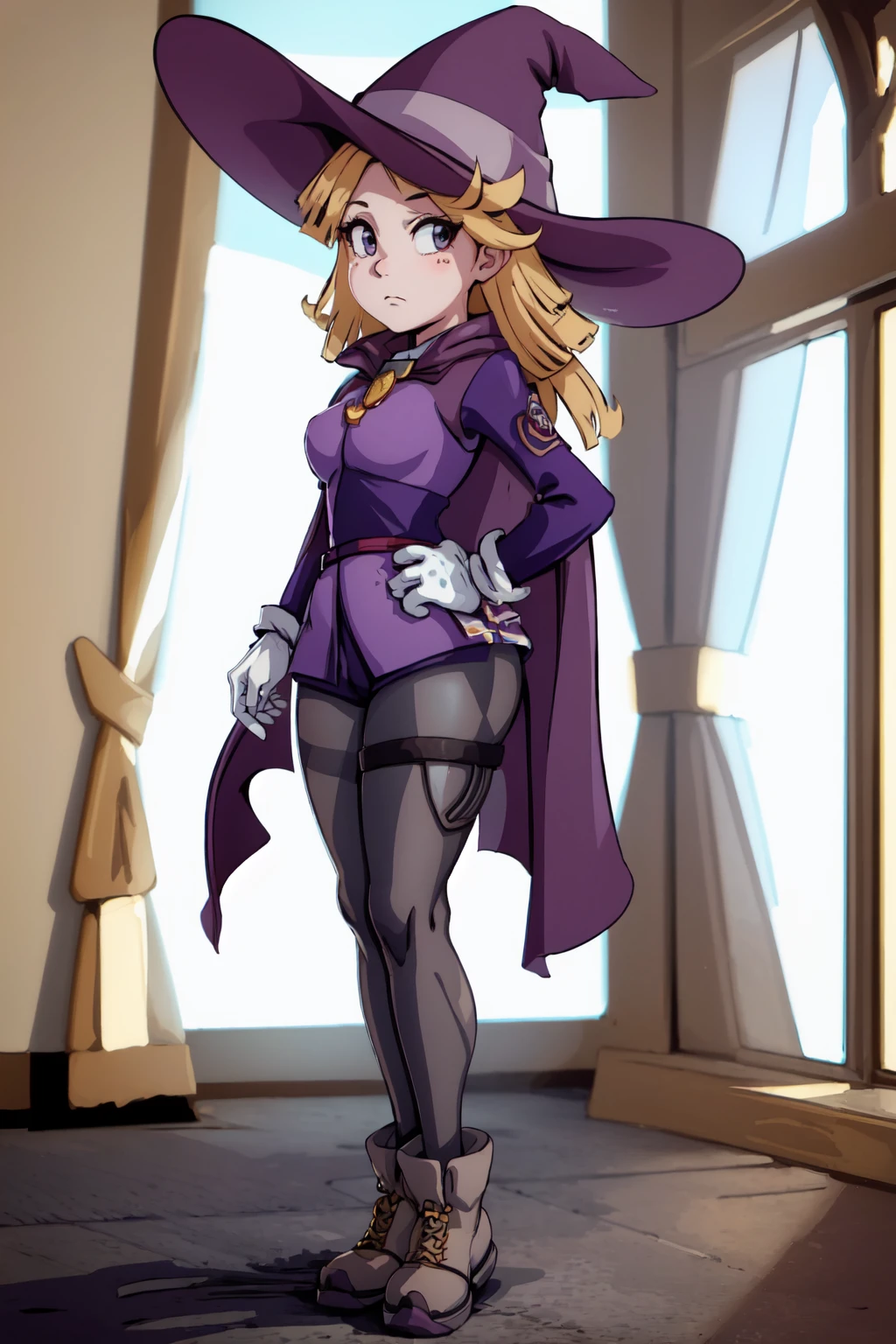 (masterpiece,best quality:1.2),1girl, <lora:PennyEP:0.9>,pennyep,witch hat,shirt,long sleeves,cape,gloves,pants,pantyhose,boots,front view,arms at sides,looking at viewer,straight on,emotionless,(standing stiffly),(indoors,in castle,full body), <lora:LORA-XenoDetailer-v2:0.1>