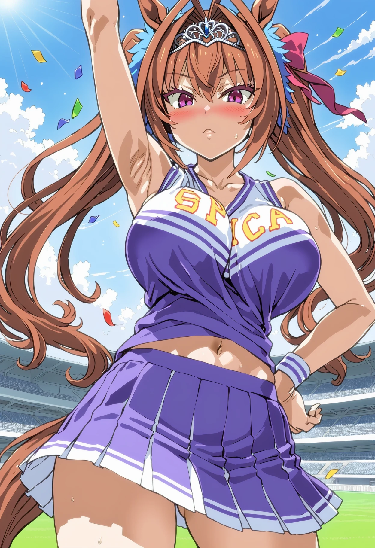 1girl, daiwa scarlet \(umamusume\), \(umamusume\), umamusume, asanagi, cheerleader, clothes writing, pleated skirt, pom pom \(cheerleading\), collarbone, blue sky, white cloud, (confetti), purple and white clothing, purple skirt, hair ornament, sleeveless, arm up, armpits, stadium, huge breasts, blush, navel, studio lighting, (masterpiece, best quality), detailed scenery, (SPICA written on clothes), horse tail,<lora:akogare_cheer_girl_animaginexl_1-05:0.8>