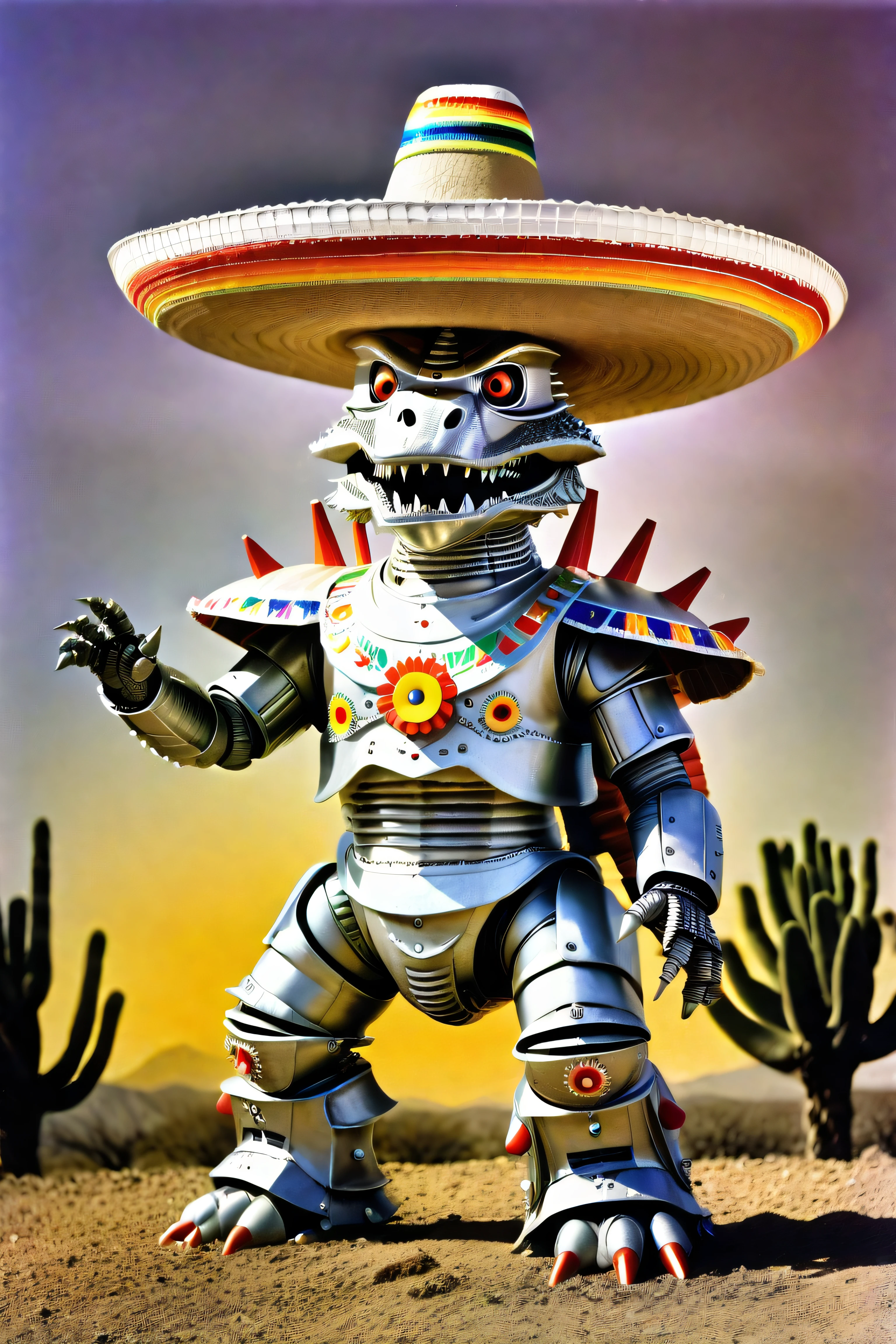 Mechagodzilla wearing a sombrero, best quality:1, award winning photo, natural lighting,