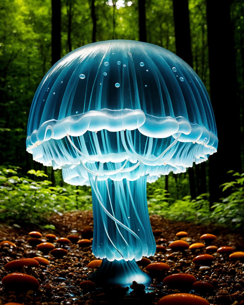 colorfull jellyfish,mushroom, nature, forest, outdoors, tree, walking, water, <lora:ral-blueresin:1> made of ral-blueresin