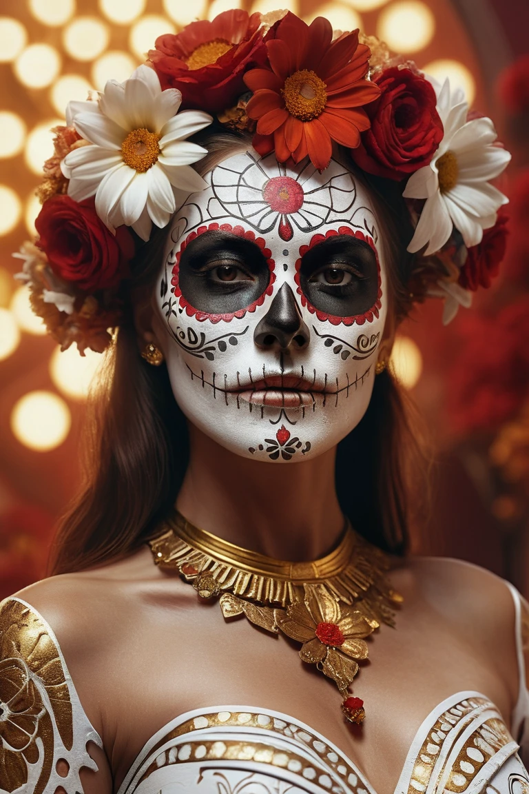 looking at viewer,upper body,science fiction,a woman dressed in a sugar skull costume with flowers,Amazing Octane Render,thick dust and red tones,wearing a golden halo,Saint Woman,white skeleton face
photorealistic, UHD, 32k, photo real, photo realistic, (skin detail), (skin pores),
<lora:ReaLora:1>
<lora:skin_slider_v1:1>