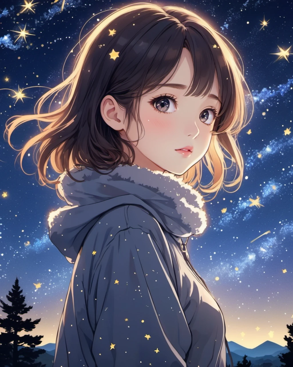 anime style 1girl, Design an image showcasing the allure of a starry night sky, with a myriad of twinkling stars, constellations, and the Milky Way.,masterpiece, best quality,