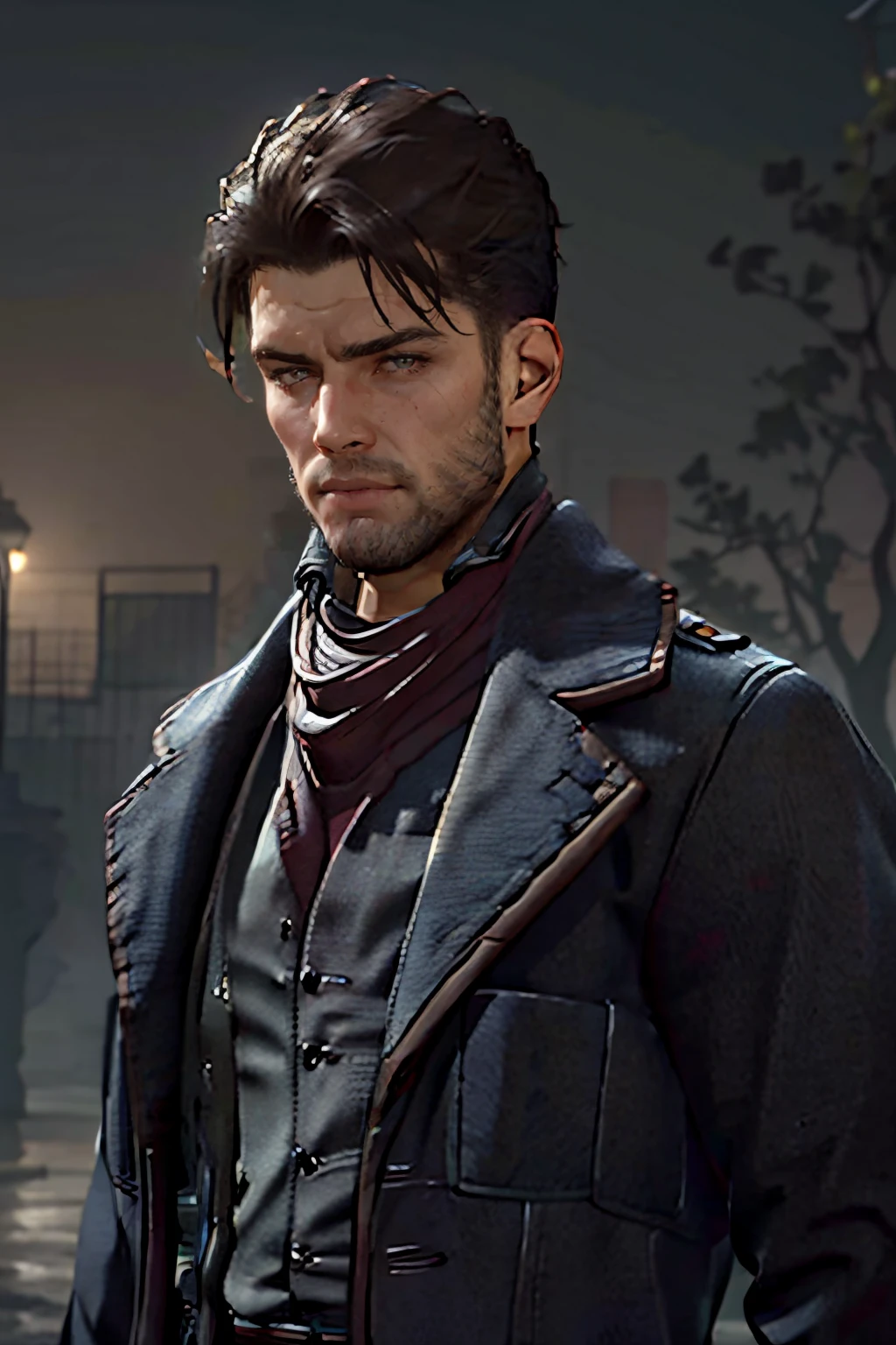 Geoffrey McCullum,  black hair,  crewcut,  stubble,  handsome,  charming,  alluring,  rugged,  black trench coat,  black pants,  grey vest,  dark red cravat,  (standing),  (upper body in frame),  simple background,  1918 London,  fog,  dark atmosphere,  perfect light,  perfect anatomy,  perfect proportions,  perfect perspective,  8k,  HQ,  (best quality:1.5,  hyperrealistic:1.5,  photorealistic:1.4,  madly detailed CG unity 8k wallpaper:1.5,  masterpiece:1.3,  madly detailed photo:1.2),  (hyper-realistic lifelike texture:1.4,  realistic eyes:1.2),  picture-perfect face,  perfect eye pupil,  detailed eyes,  realistic,  HD,  UHD,  (front view:1.2),  portrait,  looking outside frame, perfecteyes,<lora:EMS-498-EMS:0.000000>,<lora:EMS-262908-EMS:0.800000>