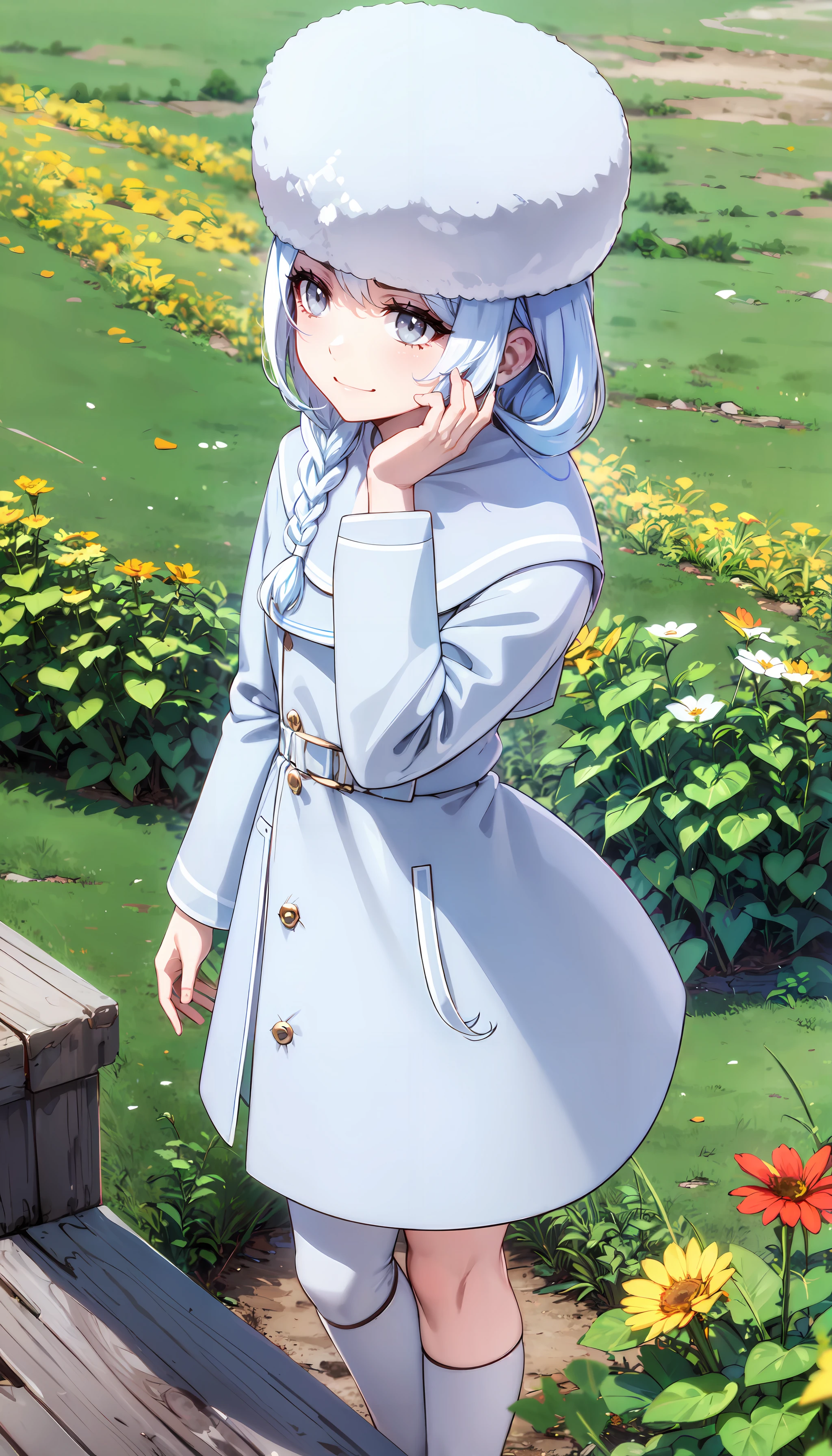 photorealistic, (4k), depth of field, (Masterpiece), (realistic skin texture), extremely detailed, intricate, hyper detailed, professional photography, bokeh, high resolution, sharp detail, best quality, short girl, <lora:GoodHands-beta2:0.8> , <lora:detail_slider_v4:0.8> , white winter coat, long coat, white hat, grey eyes, long hair, white hair, braid, , (resting head on hands), dynamic pose, <lora:Cocytus:0.8> , (countryside), meadows, rolling hills, dirt road, haystacks, wildflowers, windmill,