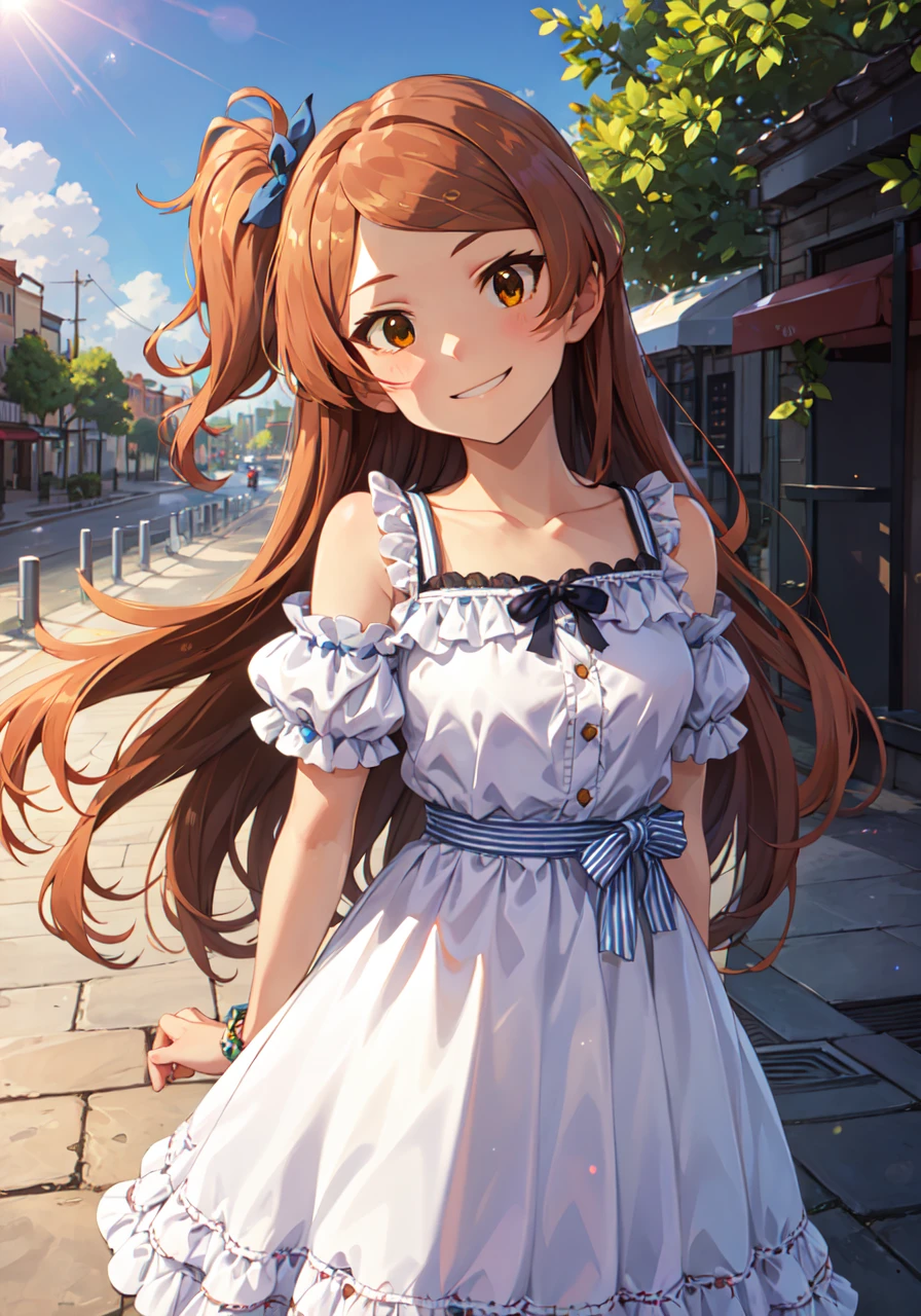 tamaki ogami \(million live\), (best quality, 8K, masterpiece, ultra detailed:1.2),
day, dappled sunlight, blue sky, beautiful clouds, lens flare, sparkle, light particles, wide shot,park, cobblestone,
1girl, solo, slight smile, head tilt, cowboy shot, summer, valentine, sundress, sunburst background, arms behind back,