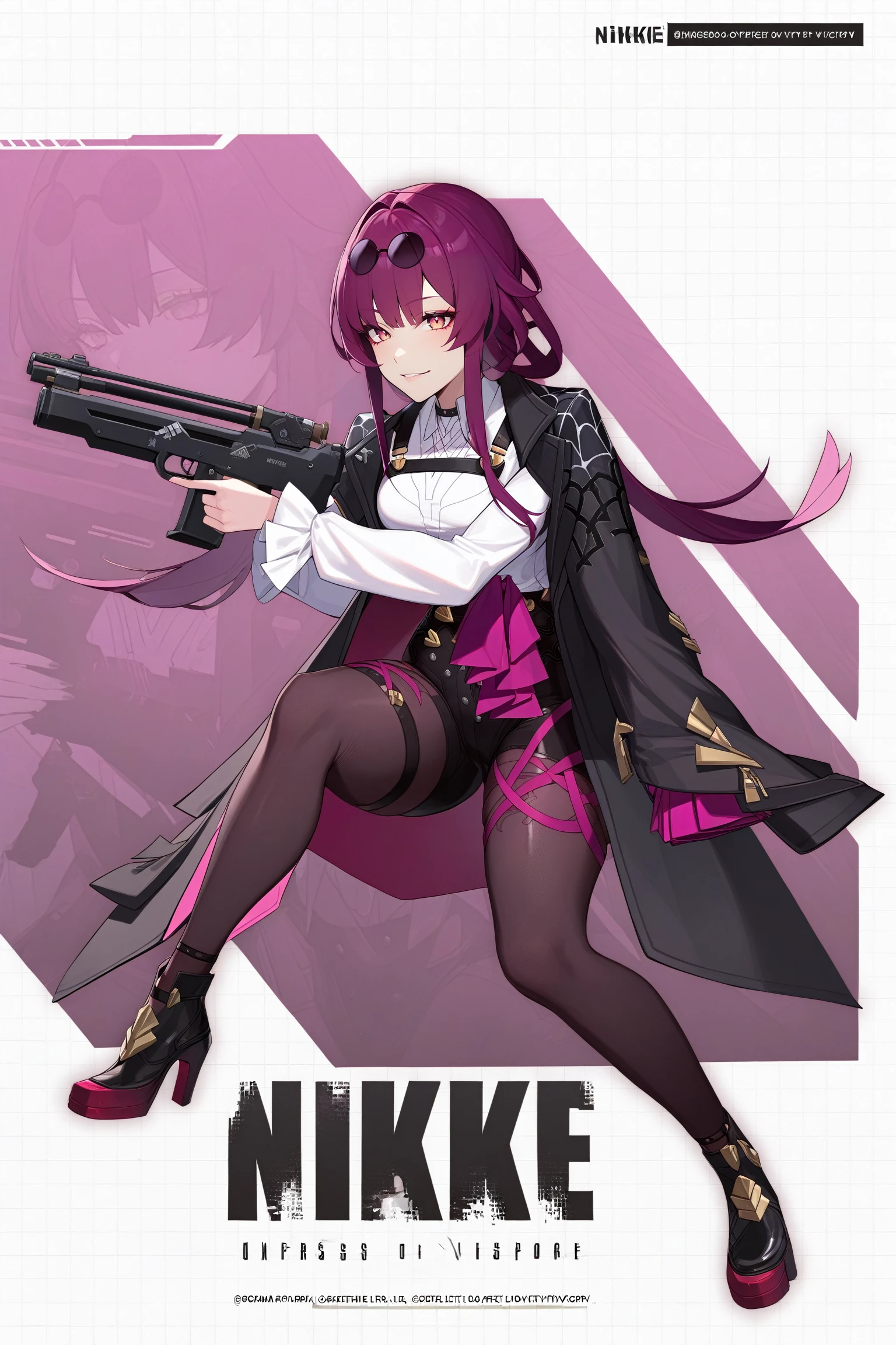 1girl, IncrsNikkeProfile, <lora:NikkeProfileXL:1>, full body, zoom layer, holding weapon, holding gun, one knee, <lora:KafkaXLV3:1>, kafkaxl, purple eyes, eyewear on head,