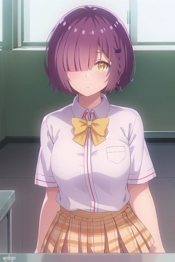 ayanofujimoto, <lora:ayano fujimoto s1-lora-nochekaiser:1>,
ayano fujimoto, short hair, hair ornament, (yellow eyes:1.3), purple hair, braid, (hair over one eye:1.5),
BREAK skirt, shirt, bow, school uniform, white shirt, short sleeves, pleated skirt, shoes, socks, bowtie, plaid, plaid skirt, brown footwear, black socks, loafers, pink skirt,
BREAK indoors, classroom,
BREAK looking at viewer,
BREAK <lyco:GoodHands-beta2:1>, (masterpiece:1.2), best quality, high resolution, unity 8k wallpaper, (illustration:0.8), (beautiful detailed eyes:1.6), extremely detailed face, perfect lighting, extremely detailed CG, (perfect hands, perfect anatomy),