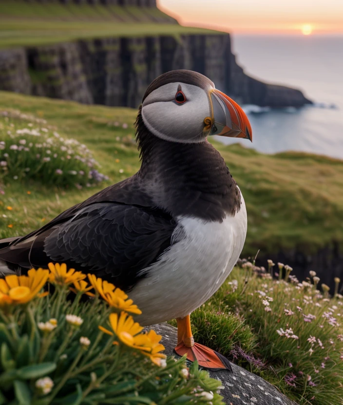 <fa3rua>, Ultra-HD-realistic-details, upper body, Spectacular light, Sunset, Faroe Islands, Grass, flowers, Cliff, close portrait photo