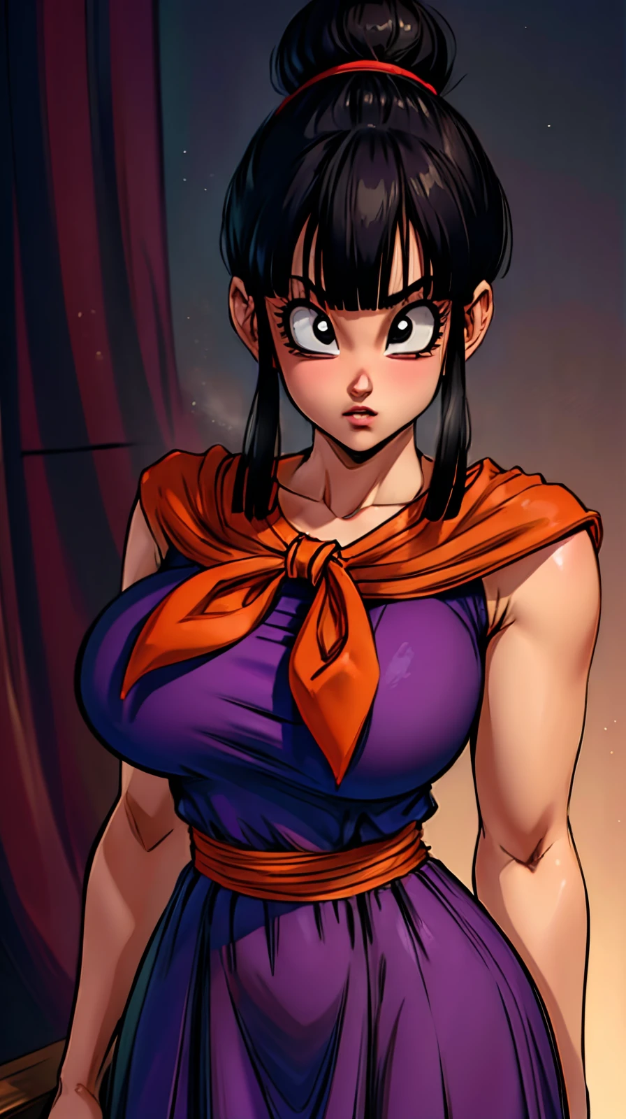 <lora:chichi_dbzV2:0.7> chichi_dbz, standing, solo, large_breasts, Purple_Dress_Orange_Neckerchief, masterpiece, best quality, detailed face, detailed eyes, highres,, kkw-ph1, <lora:epi_noiseoffset2:1> <lora:LORA-XenoDetailer-v2:1>
