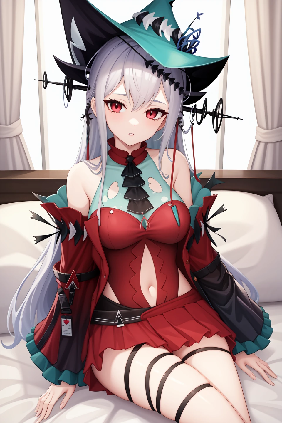 <lora:skadi2-000036:1>,skadi,1girl,skadi the corrupting heart \(arknights\),skadi \(arknights\),solo,official alternate costume,navel,looking at viewer,parted lips,hat,sitting on bed,bedroom,indoors,( :1.2), 1girl,
,  (masterpiece,best quality:1.2),absurdres