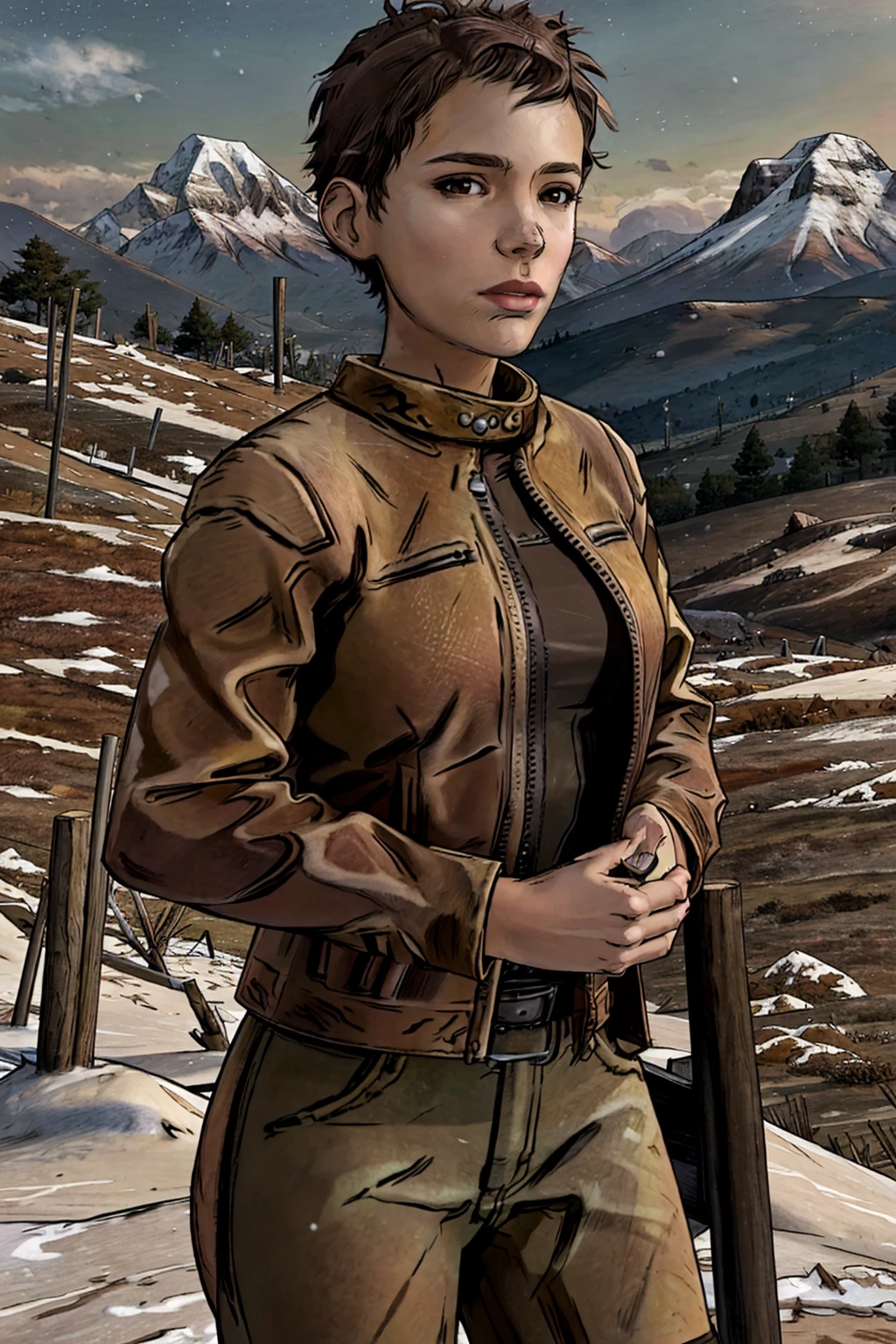 detailed_background, Snow-Covered Mountain Landscape, absurdres, best quality, <lora:Jane2.01:0.8>, janetwdttg, 1girl, solo, brown hair, short hair, brown eyes, jacket, looking at viewer