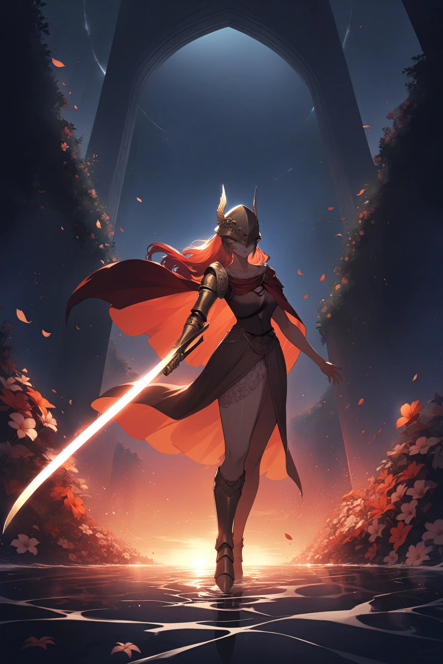 1girl, MaleniaDef, armor, red cape, helmet, brown dress, prothestic leg, single mechanical arm, prosthesis, <lora:MaleniaXLV2:0.9>, sword, holding sword, full body, wide shot, flower, water, solo, sunset, night, (dark environment),